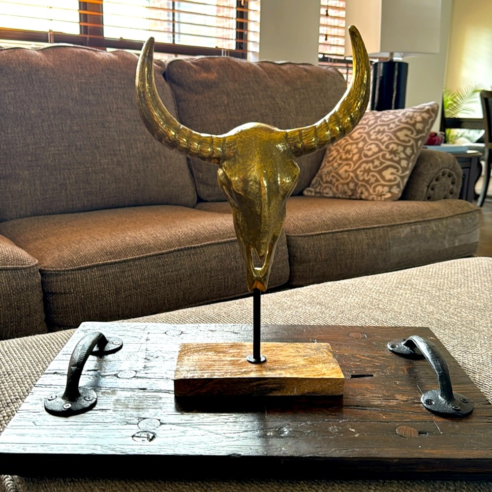 Bull Cow Steer Skull Decor Metal Sculpture Wood Base Art